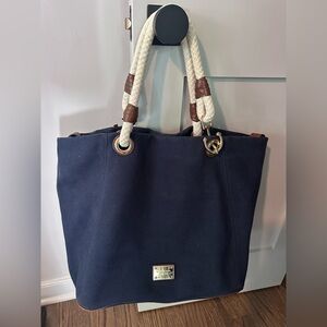 Michael Kors Navy Blue Canvas Leather Trim Tote Bag NWT